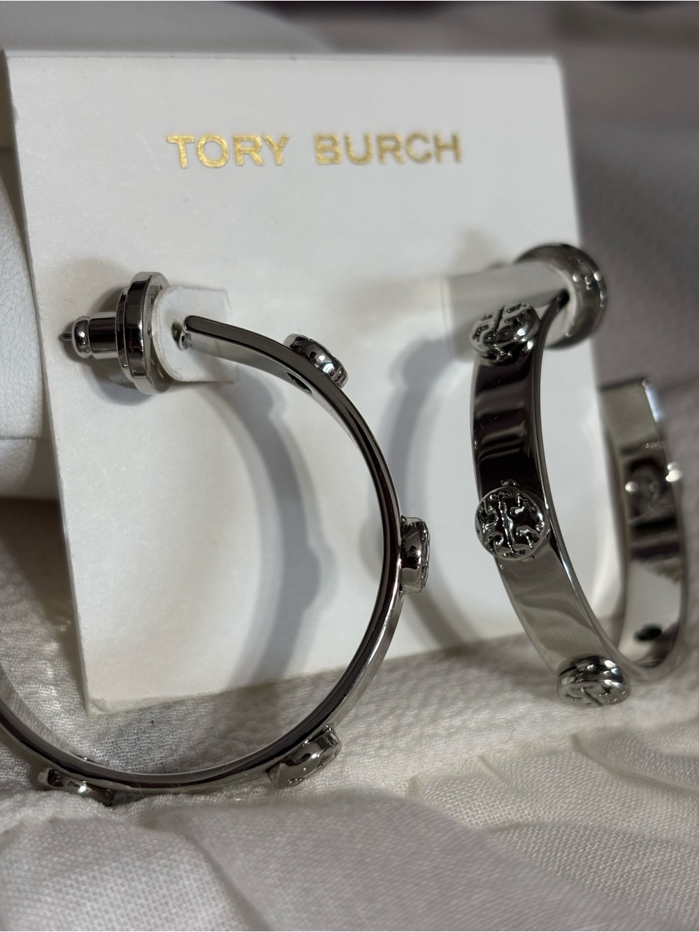 Tory Burch Silver Logo Large Hoop Earrings